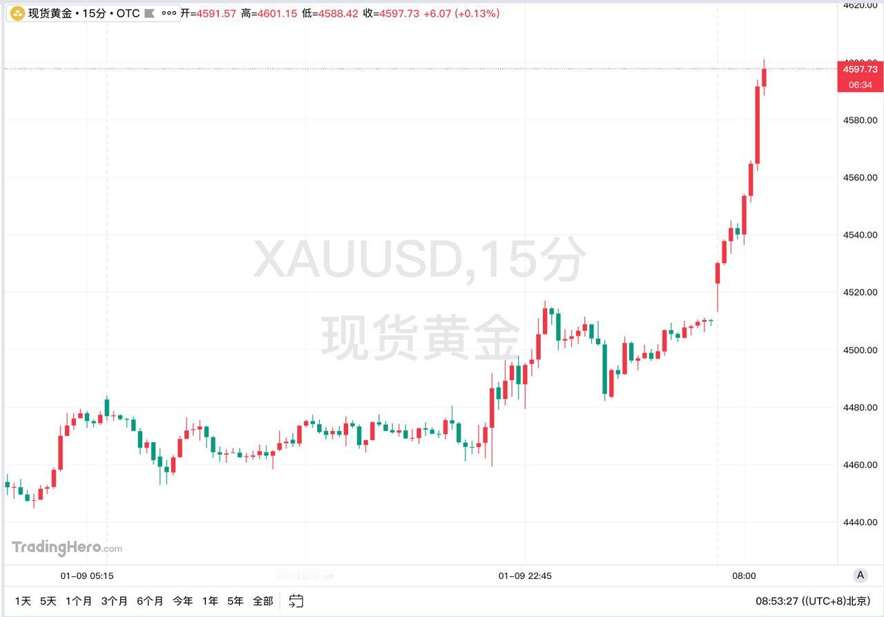 现货黄金首次涨至4600美元
现货黄金首次站上4600美元大关，新年首月累涨28