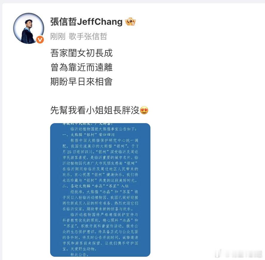 谁还不知道 张信哲有一只大熊猫女儿  ！大熊猫冰晶入驻临沂动物园， 发文分享感受