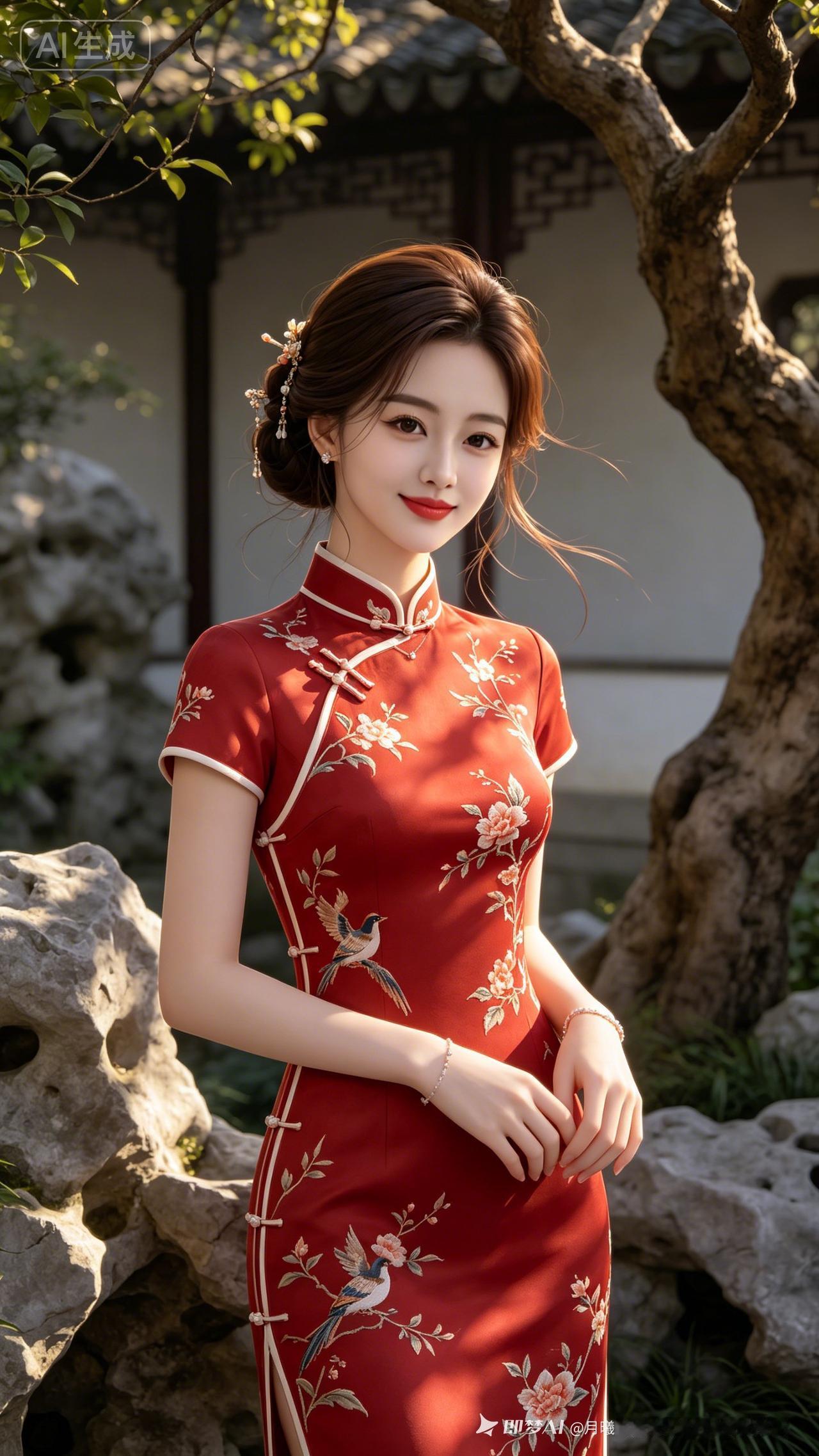 这姑娘穿着旗袍好漂亮！