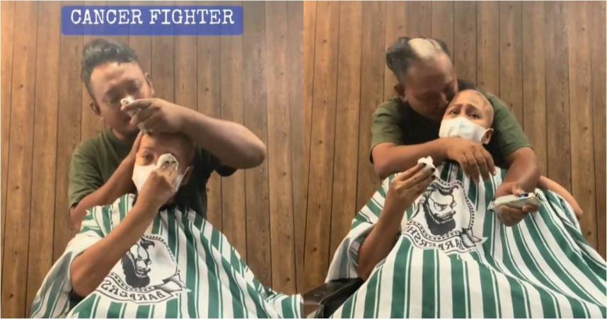 马来西亚一名男子在为抗癌的妻子剃头时，因为不忍看见爱人伤心落泪，便在为其剃完头发