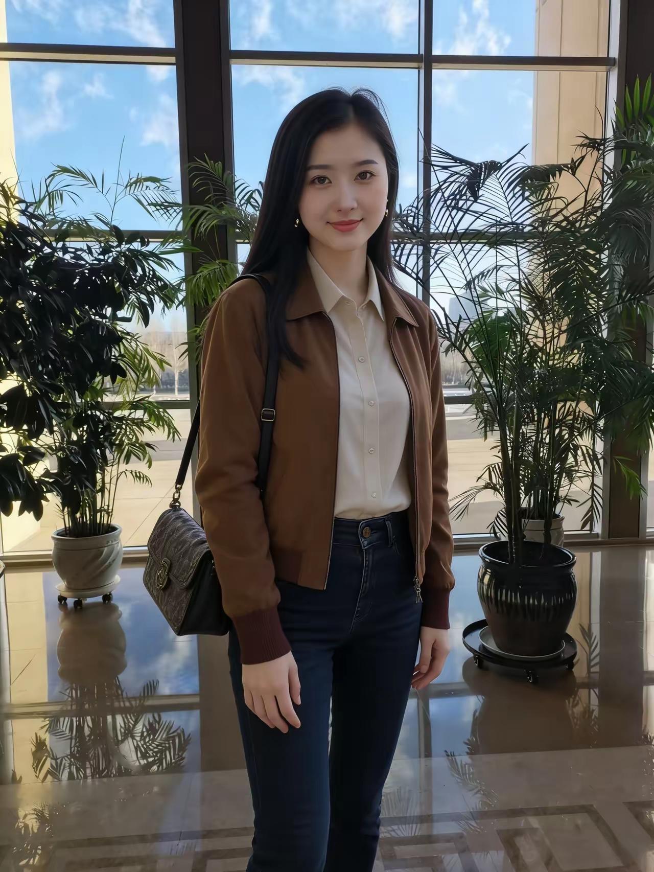 优雅职场风，棕色外套搭配牛仔裤，时尚又干练！