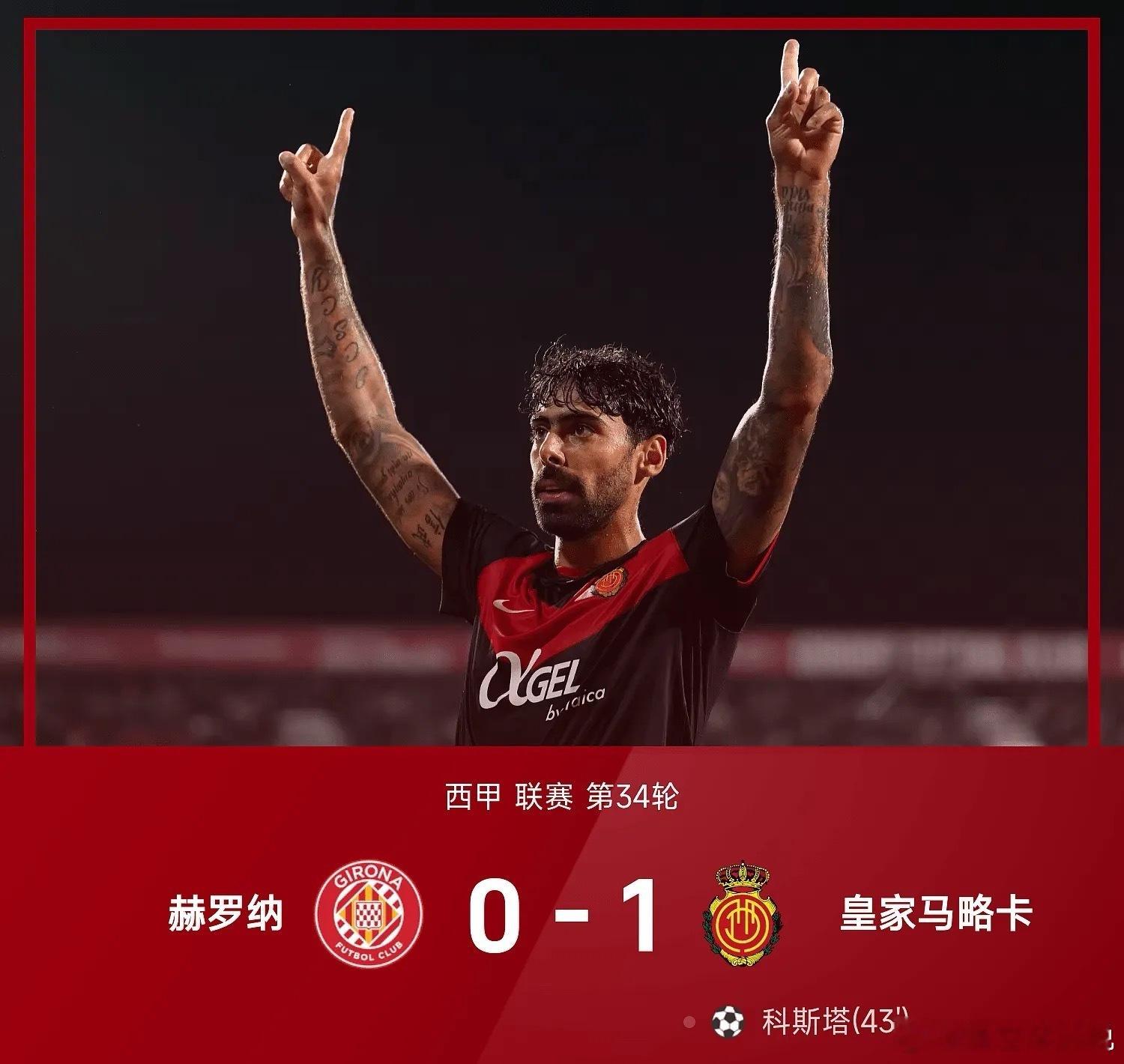 西甲 05月02日西甲联赛第34轮，赫罗纳迎战皇家马略卡。上半场，齐甘科夫抽射打
