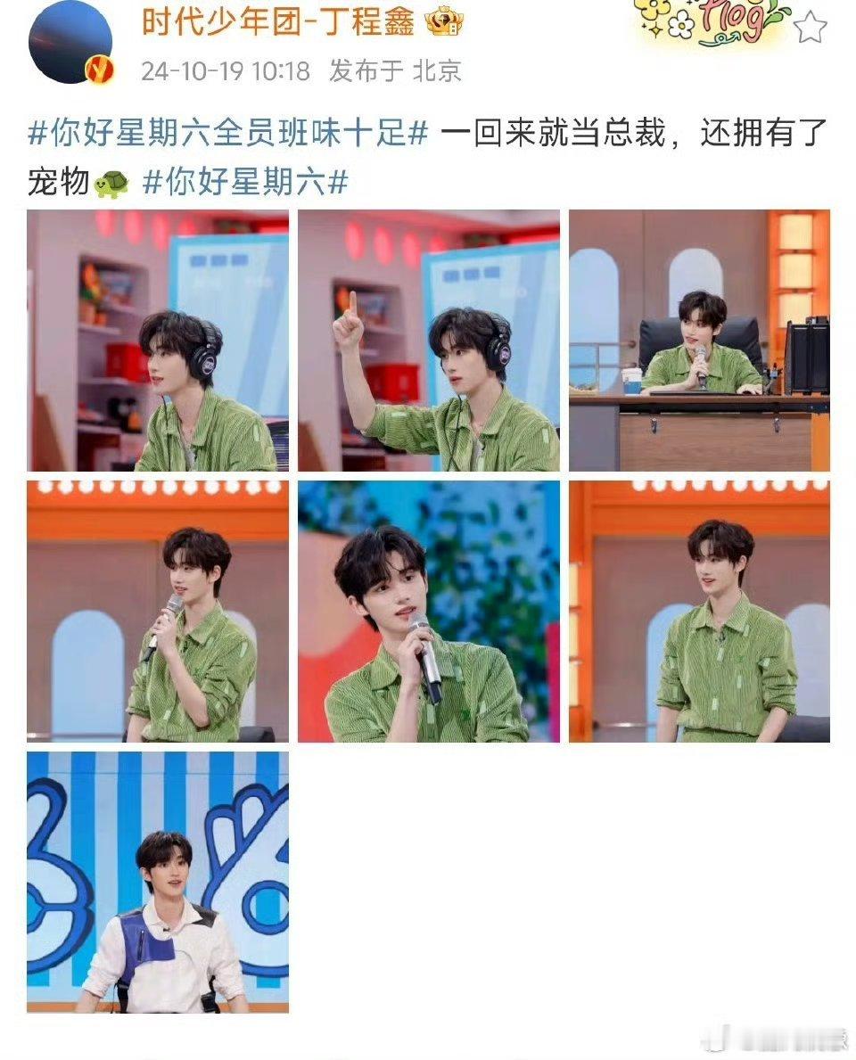 #丁程鑫回归当总裁#丁程鑫《你好星期六》回归当总裁，还拥有了宠物🐢，绿色套装清