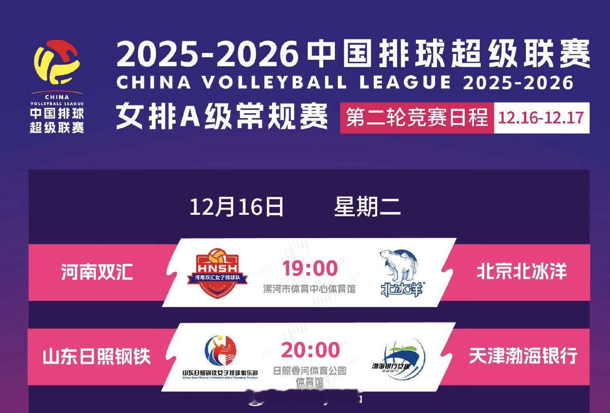 中国女子排球超级联赛今日赛程安排A级19：00  河南vs北京20：00  山东