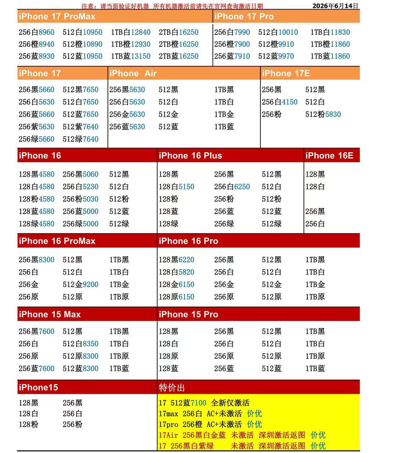 26年6月14日国行苹果手机系列价格更新，今天的17系列多数型号小跌，多数小跌二