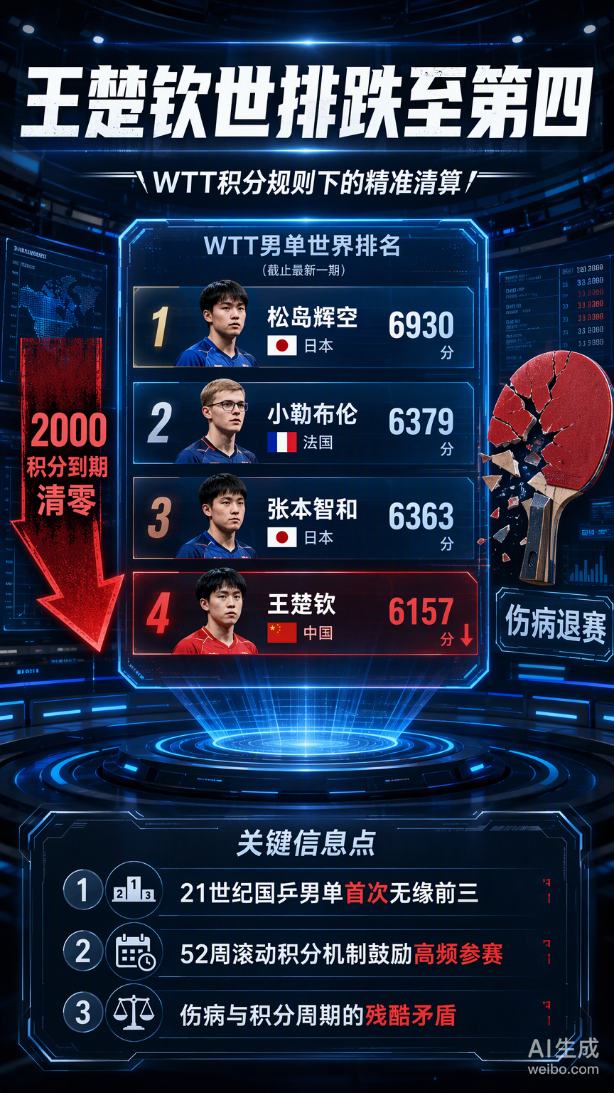 王楚钦的排名从第一掉到第四，很多人觉得是“爆冷”，但在我看来，这不过是WTT积分