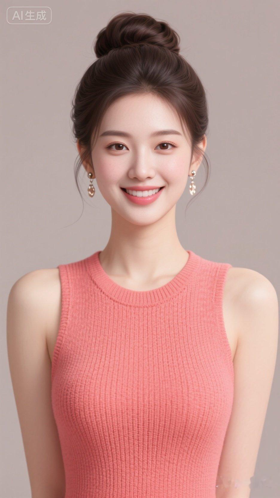 这位美女穿着粉色无袖衫，笑容甜美。
