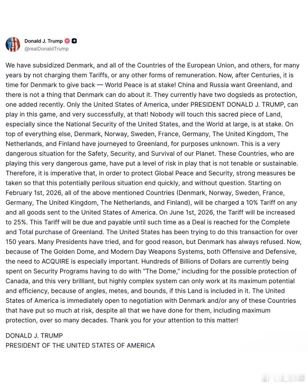 川普刚刚在真相平台上发文对阻碍和对抗美国收购格陵兰岛的丹麦和一些欧洲国家加征10