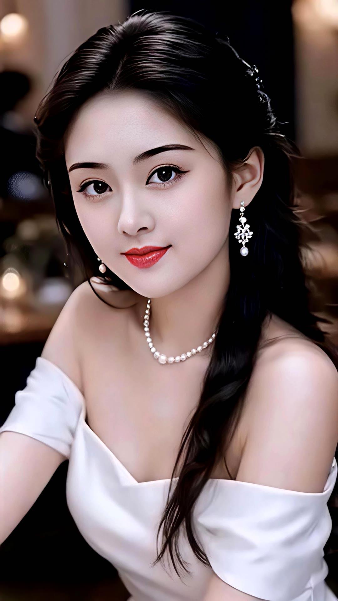 优雅白裙，闪耀珍珠，甜美笑容，梦幻氛围。