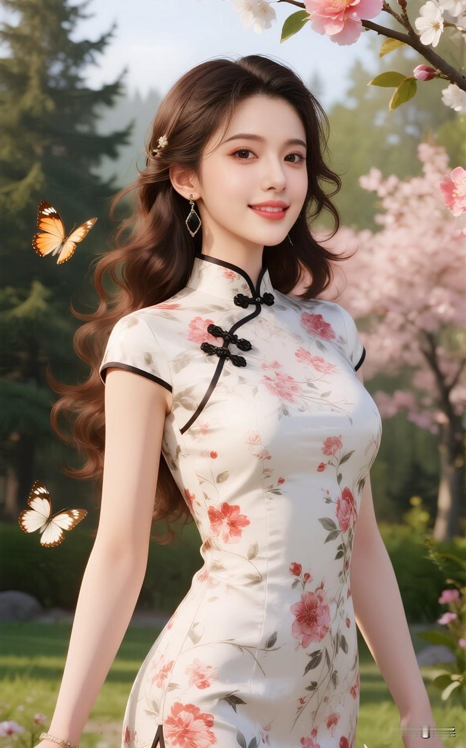 春日花海中的东方美人，蝴蝶翩翩起舞，太美了
