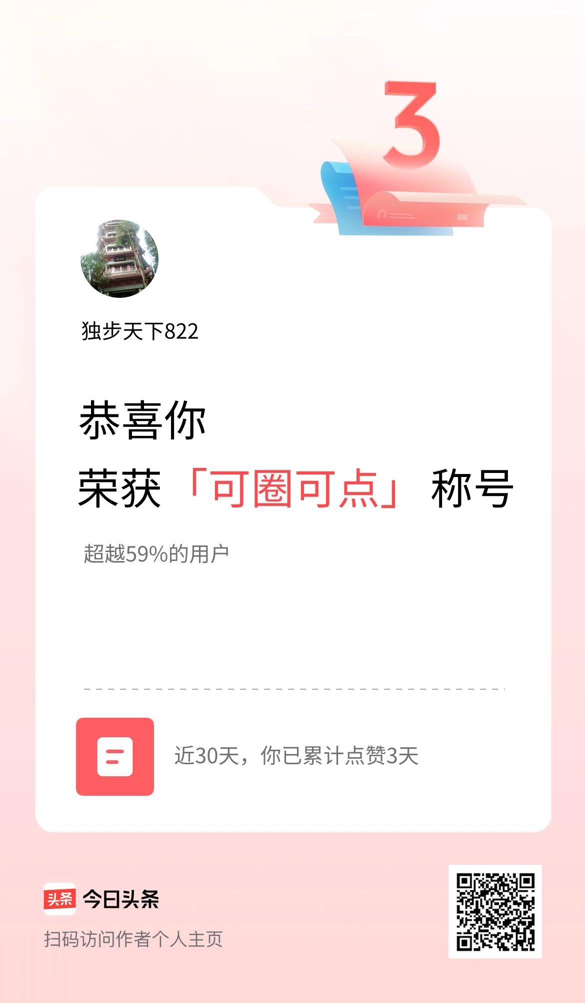我在头条30天内点赞打卡3天，获得“可圈可点”称号