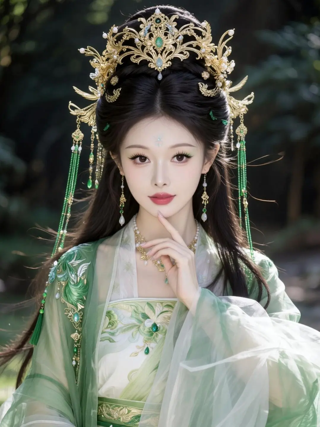 AI仙风写真 ai创作 ai绿衣簪发佳人 ai古风美人写真模板 仙侠女主造型