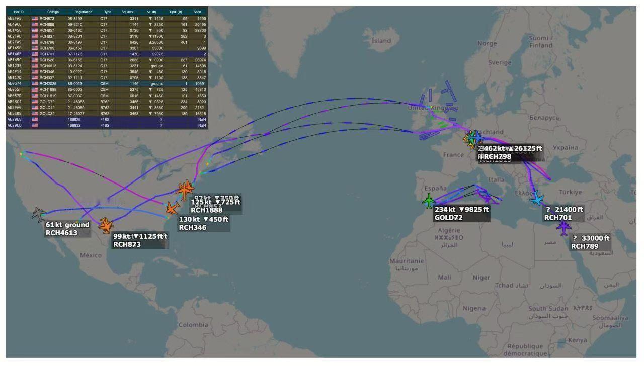 根据公开数据, 从今年伊美关系紧张以来, 美国空军从本土飞往中东方向的重型军用运
