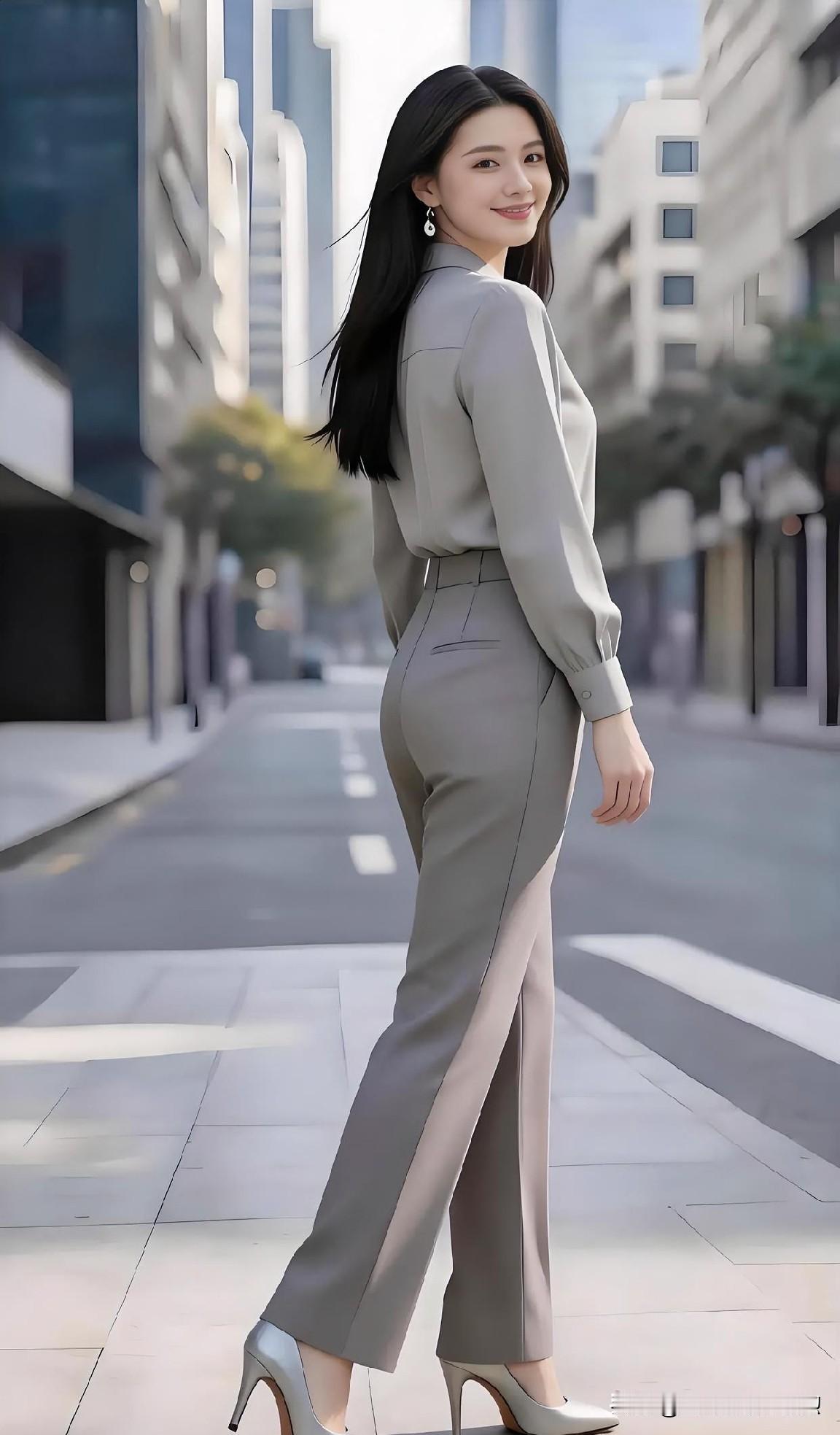 摩天楼宇间，定格她回眸的优雅。烟灰套装勾勒出曼妙身姿，撞色裤线延伸无限气场。那一