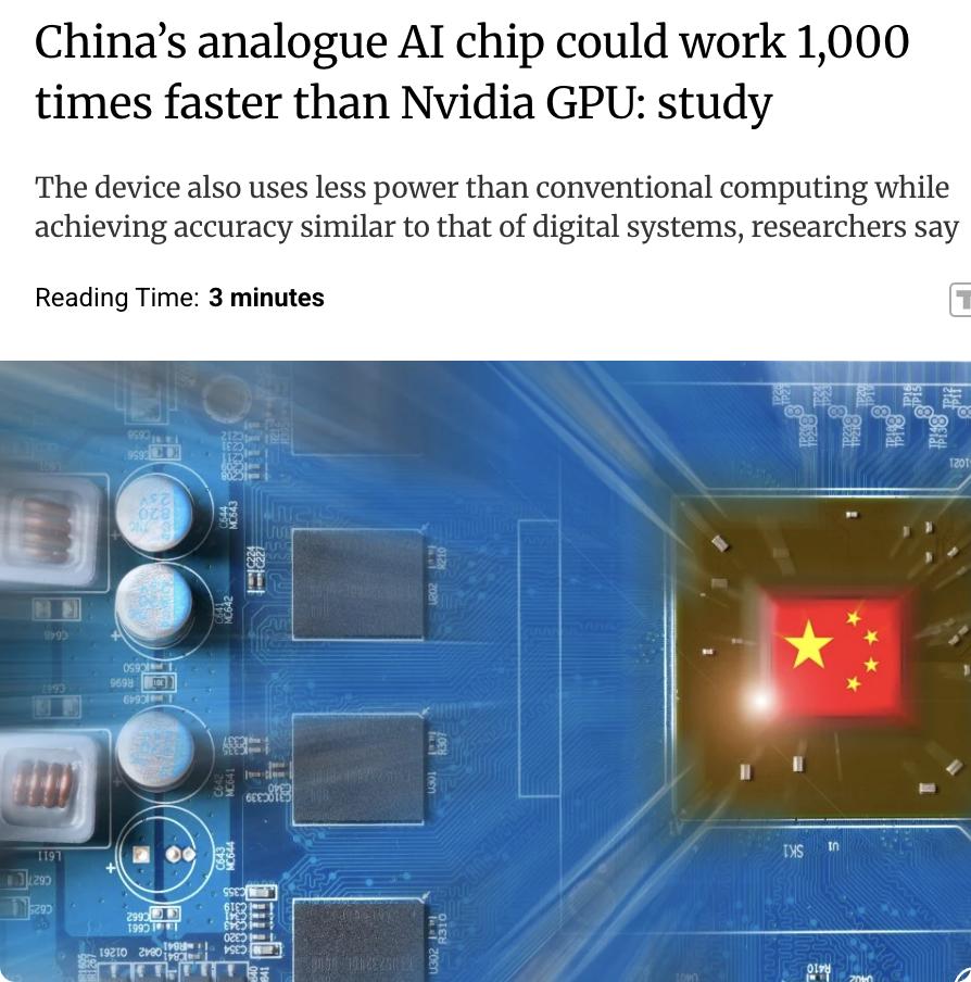 外媒：中国科学家研发出了一种超快速的类比芯片，能够解决复杂数学问题并用于人工智能