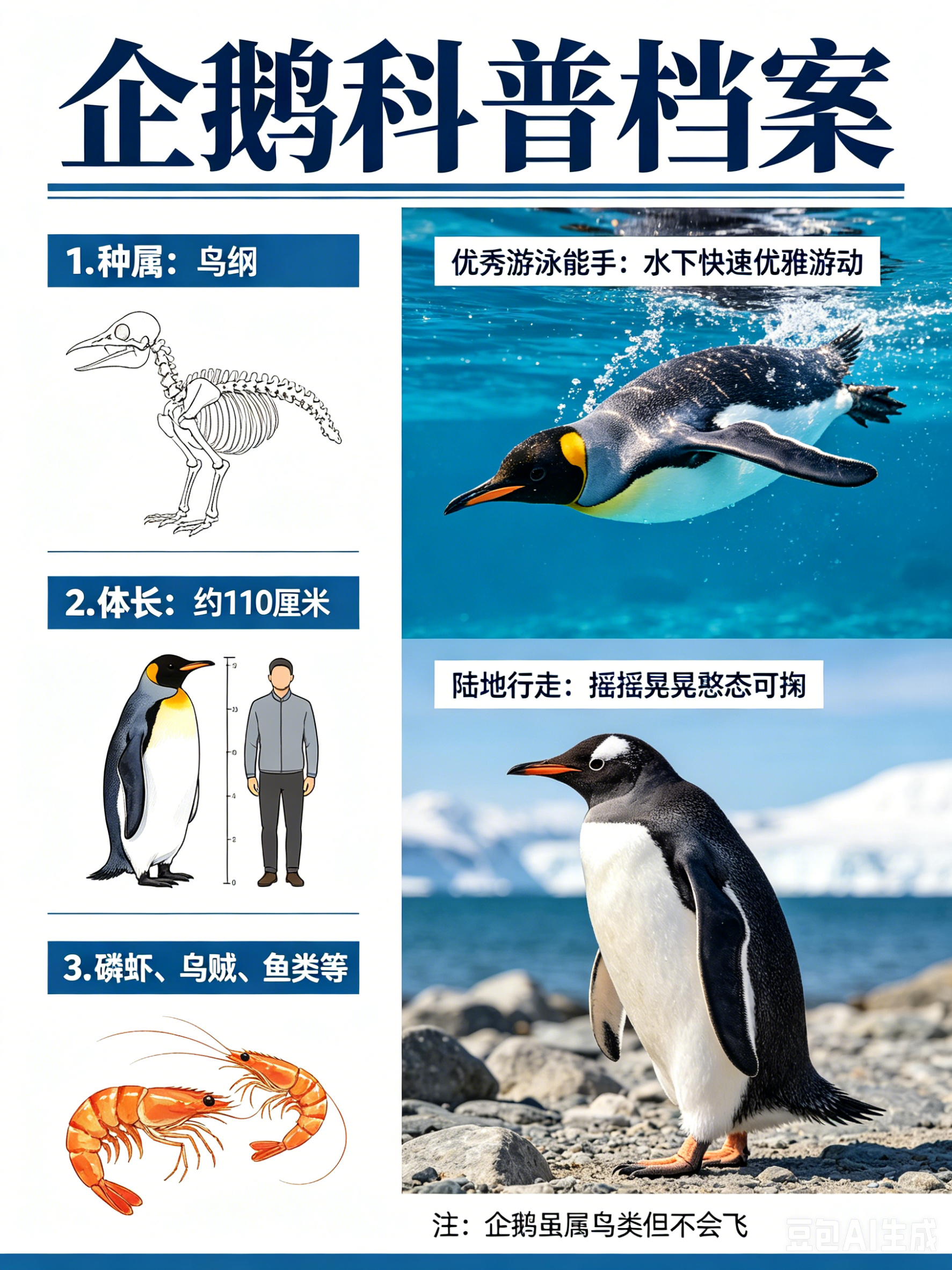 海洋朋友圈 企鹅海洋档案种　属：鸟纲体　长：约110厘米食　物：磷虾、乌贼、鱼类
