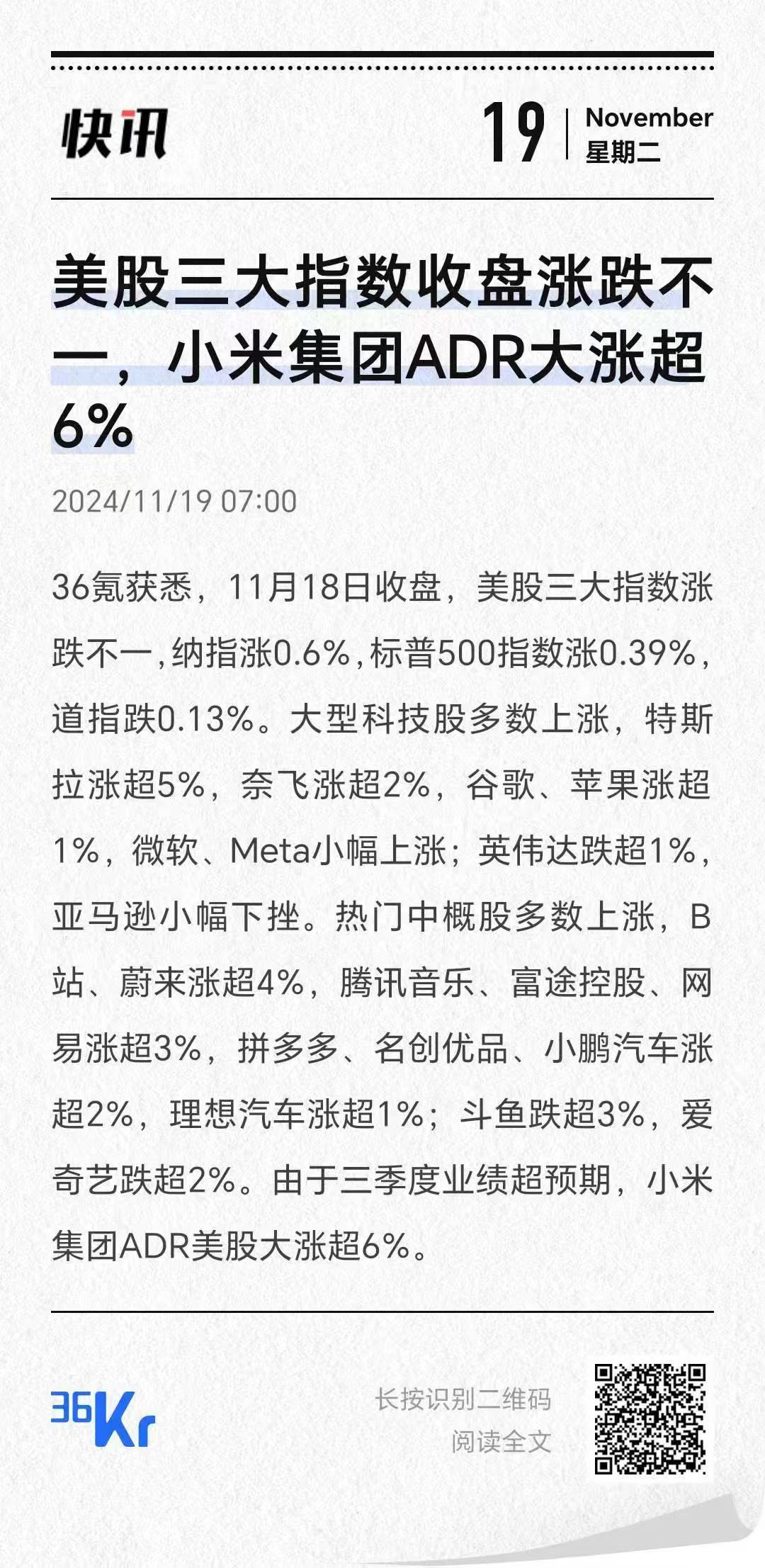 36氪消息：由于三季度业绩超预期，小米集团ADR美股大涨超6%。这个数据已经大幅