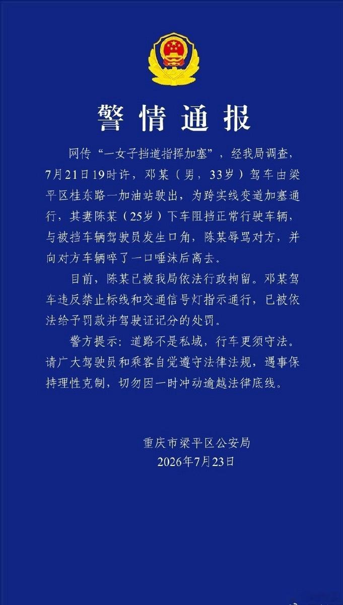 那个人肉堵路加塞违规掉头并且给别人吐口水那个瓜婆娘被行拘了，那男的也被罚款扣分。