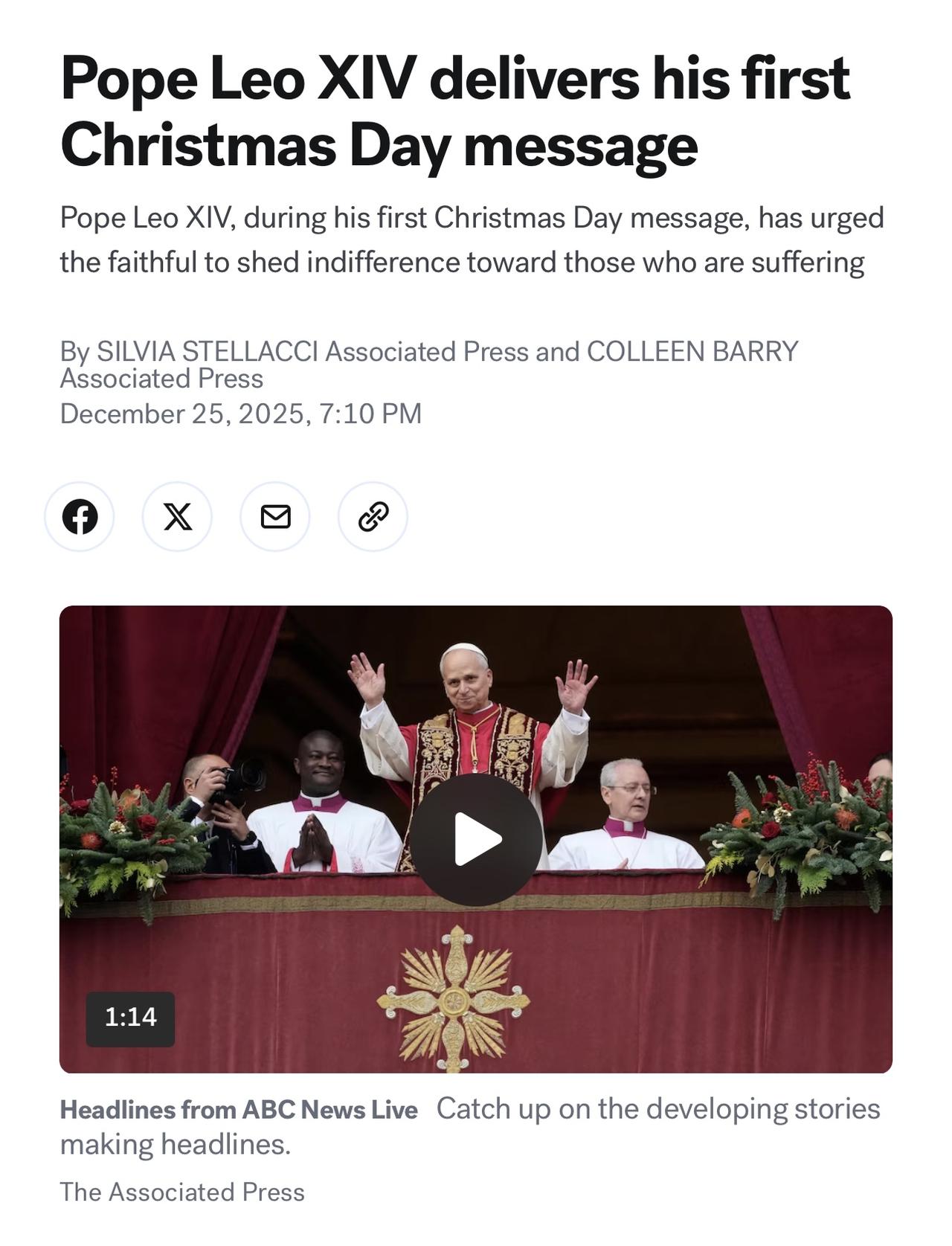 教皇利奥十四世在周四的第一次圣诞致辞中敦促信徒们对那些失去一切的人（如加沙）、那