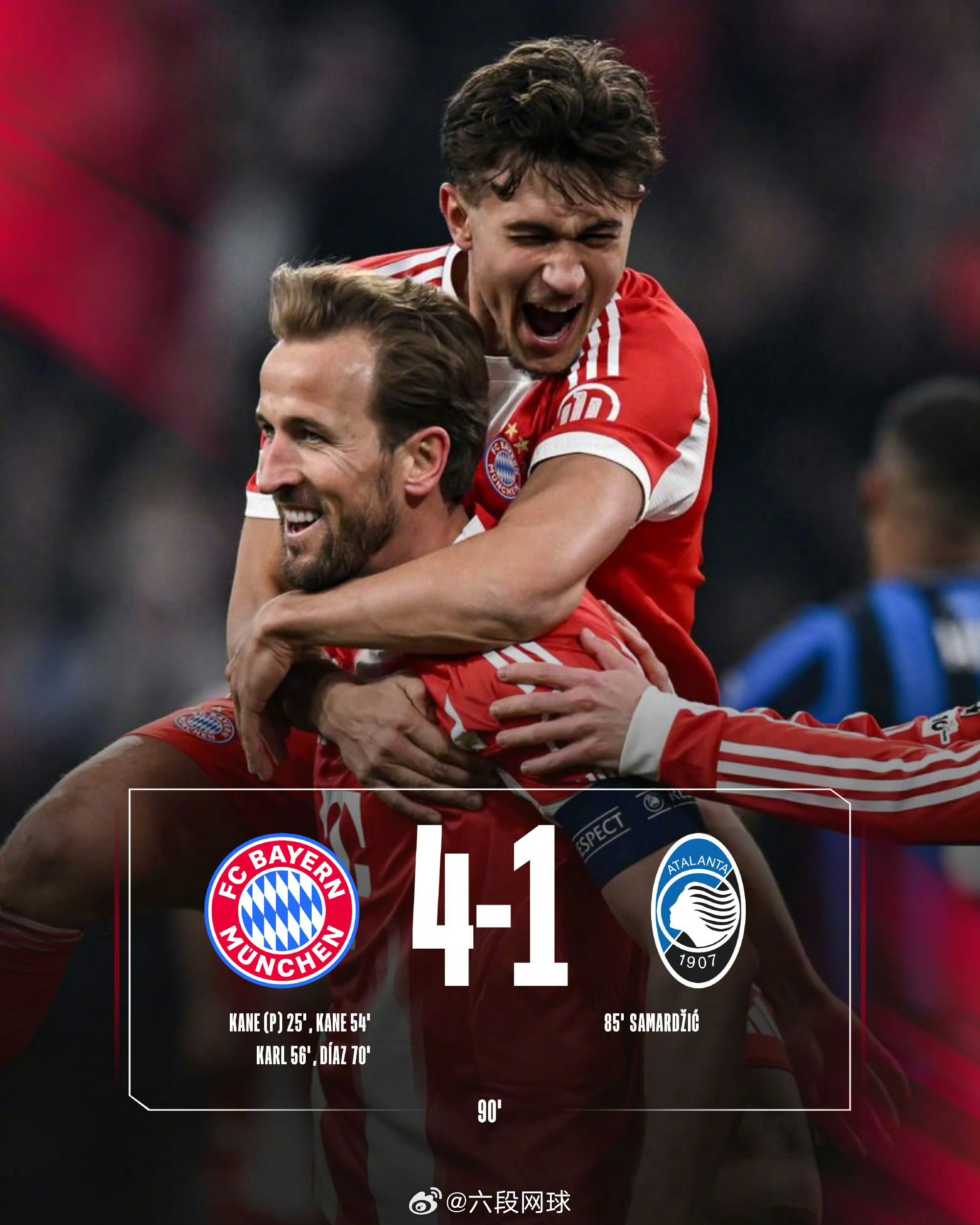 拜仁4比1亚特兰大拜仁晋级欧冠8强全场比赛，凭借凯恩、卡尔和迪亚斯的进球，拜仁4
