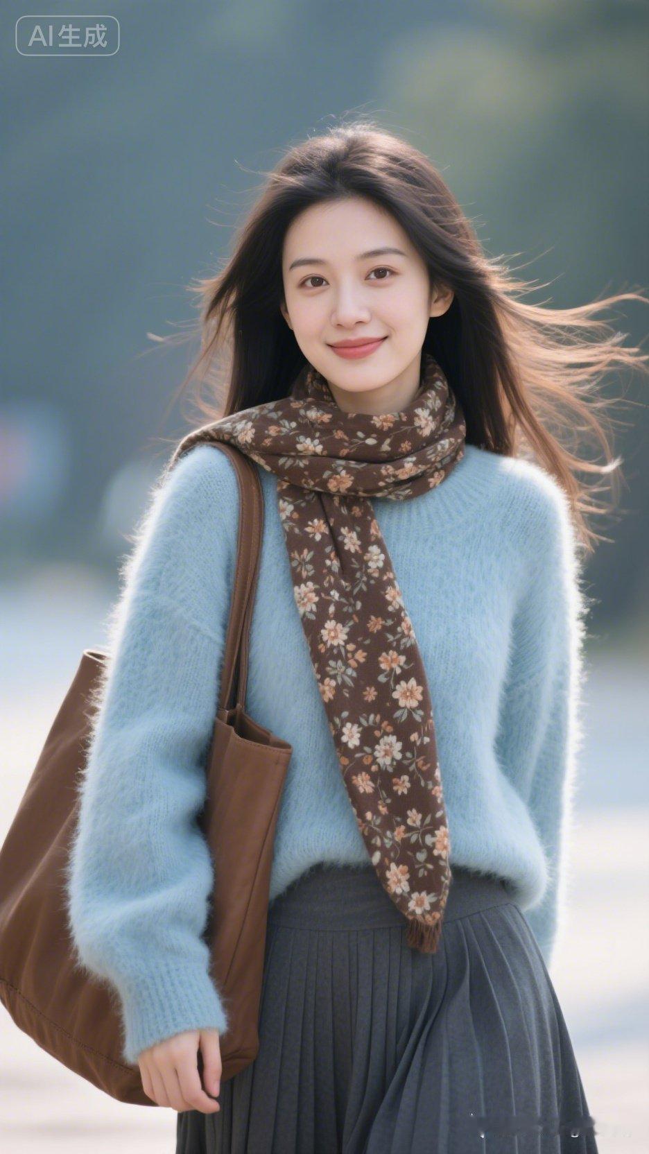 温柔冬日穿搭，蓝色毛衣+棕色围巾，温暖又时尚！🌟👗👒