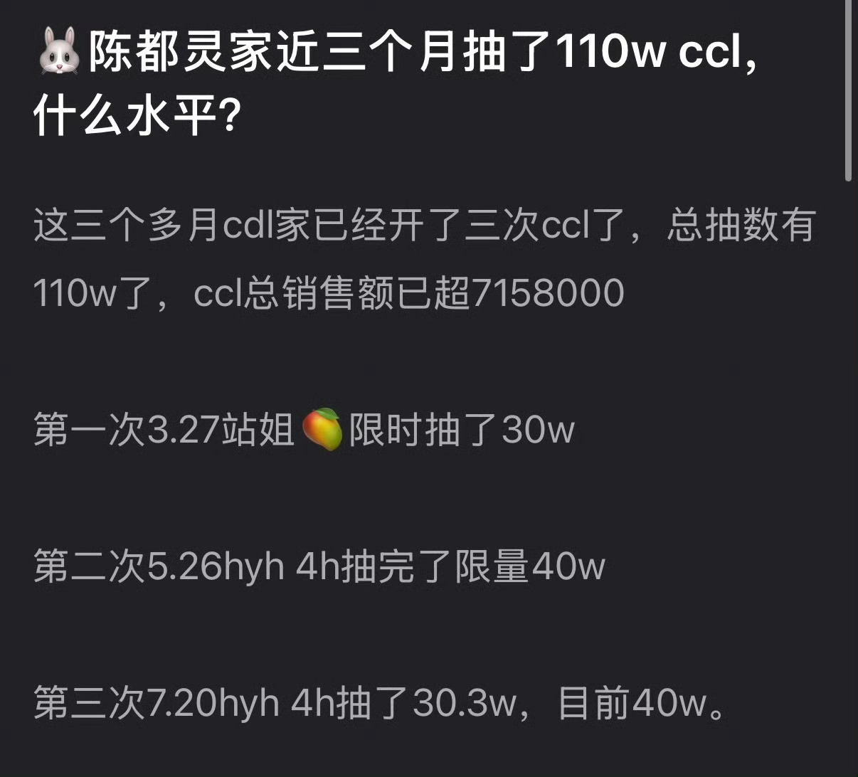 这三个多月陈都灵家已经开了三次ccl了，总抽数有110w了，ccl总销售额已超7
