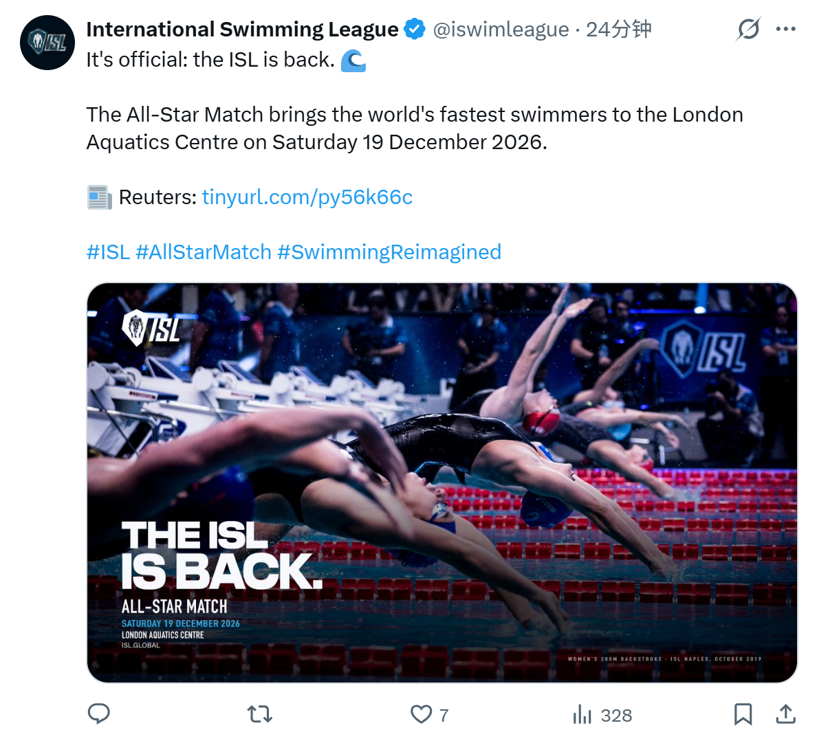 ISL官宣复活今年12月19日在伦敦举行测试赛暂时还不知道参赛阵容 ​​​