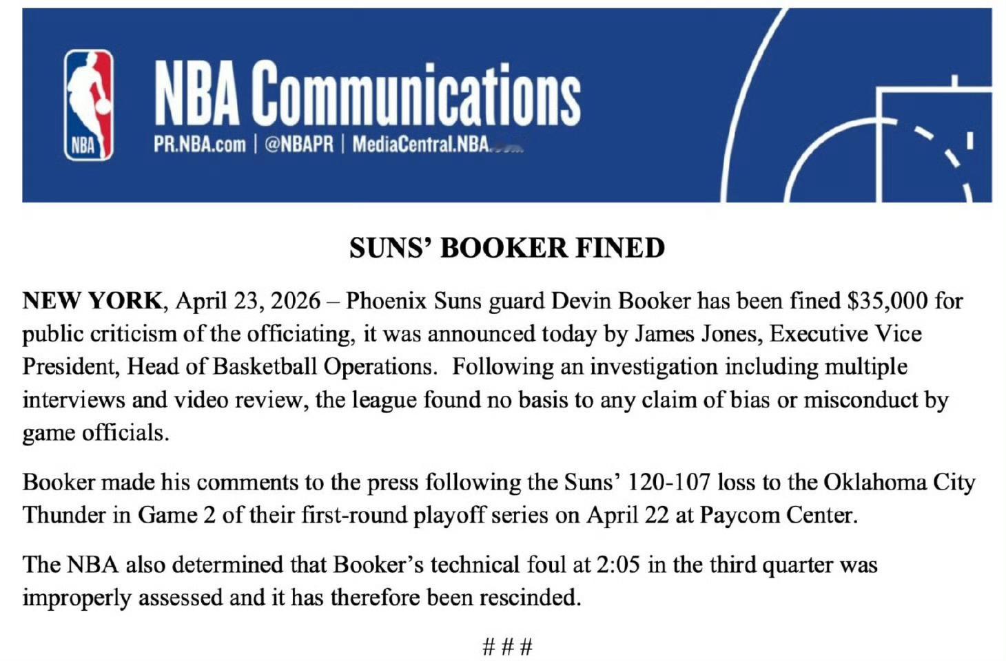 NBA联盟取消了对布克的技术犯规，但代价是罚款35000。这事儿就这么离谱，简单