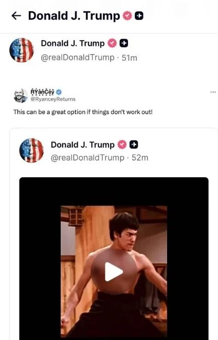 特朗普转发李小龙视频，这是在给伊朗“递战书”？
 
美伊谈判还没谈拢，特朗普突然