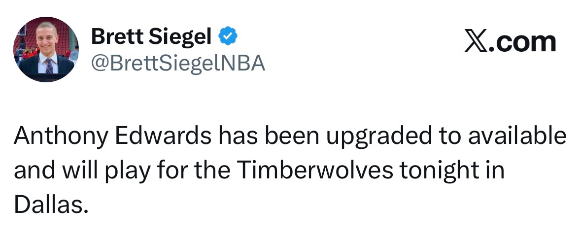 华子回归，爱德华兹状态已升级为可出战，将代表森林狼队参加今晚在达拉斯进行的比赛。