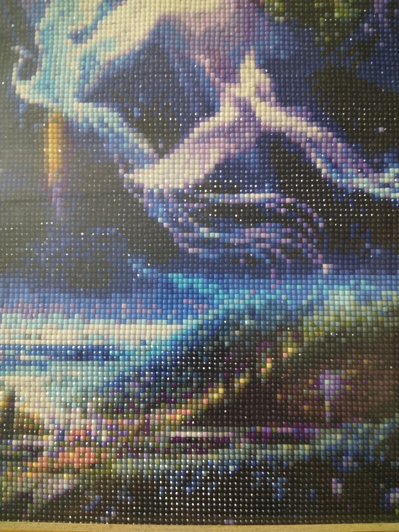 点点钻石画的拼贴，成品具有强烈的立体感和光泽感，在灯光下闪闪发光，