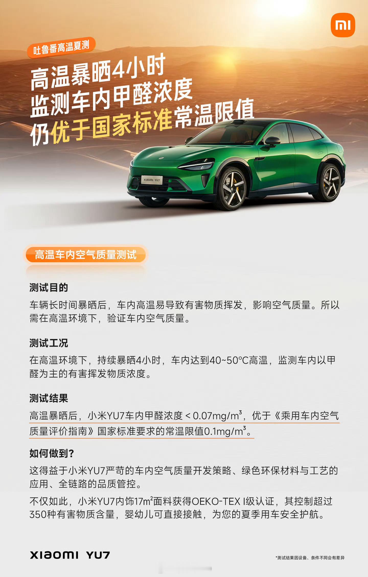 小米YU7吐鲁番高温夏测，高温暴晒4小时监测车内甲醛浓度仍优于国家标准常温限值，