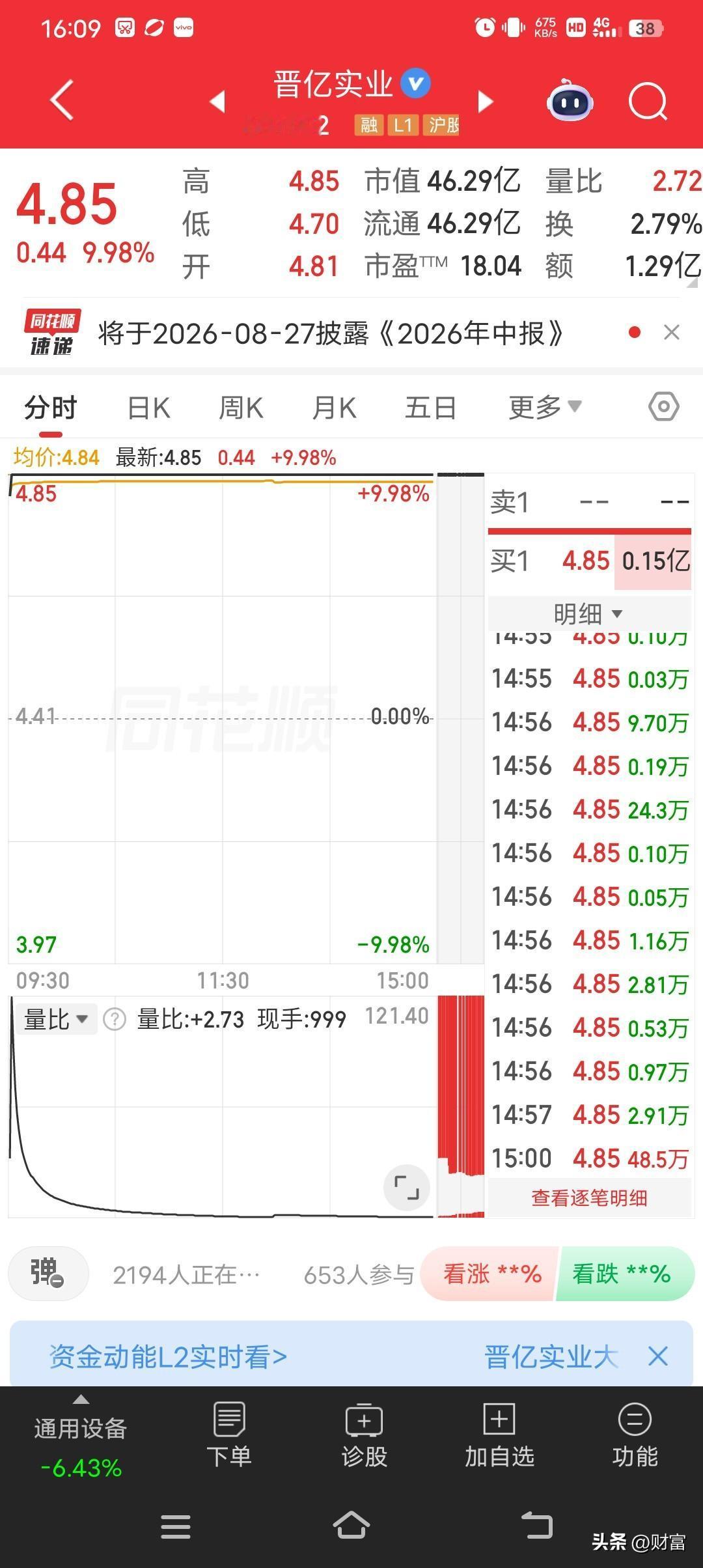 晋亿实业这波操作太猛了！7月13日一开盘就强势涨停，最新价4.85元，涨幅9.9