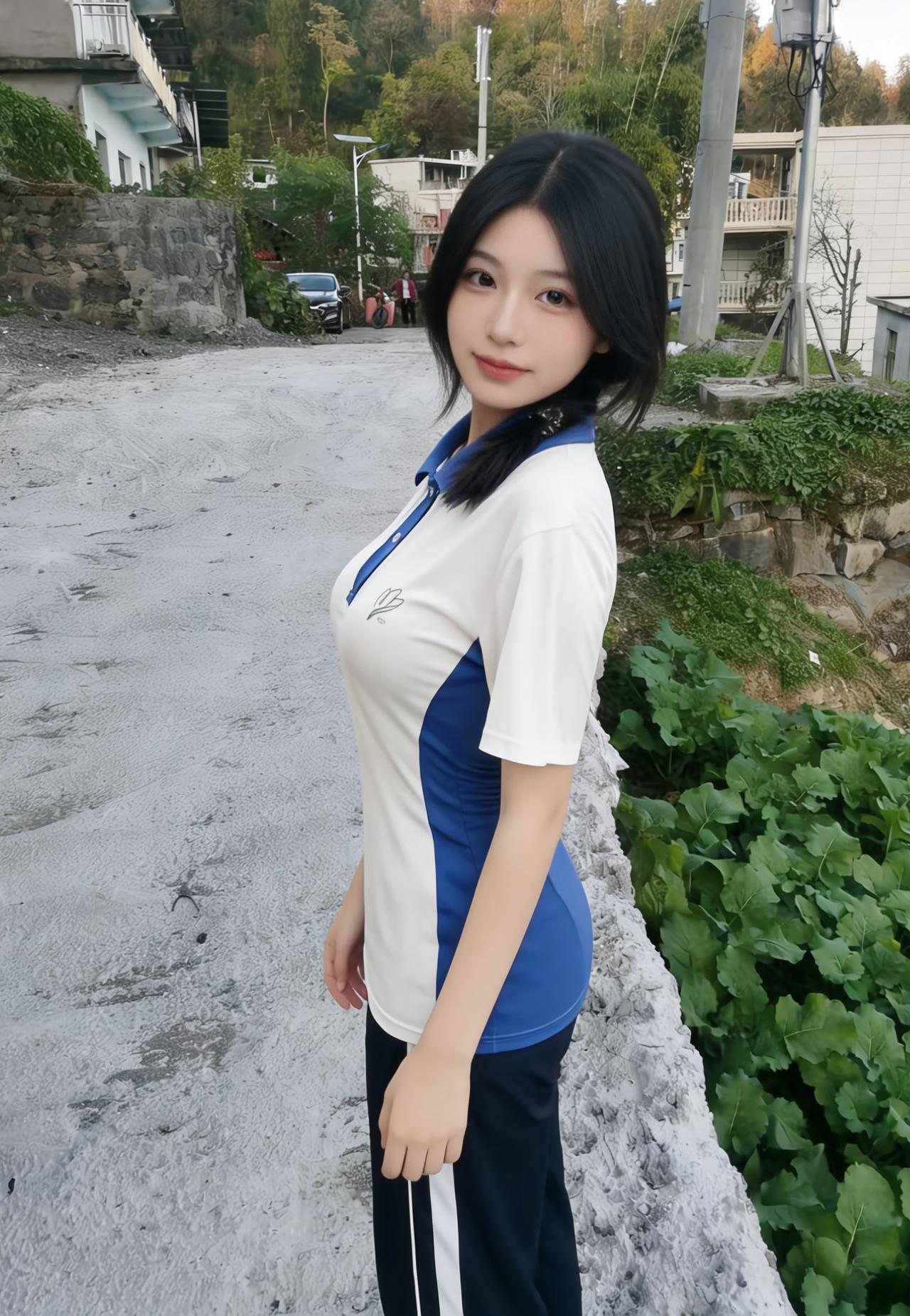 野径环村郭，蓝衫立缓坡。
回眸轻笑处，风动绿藤萝。