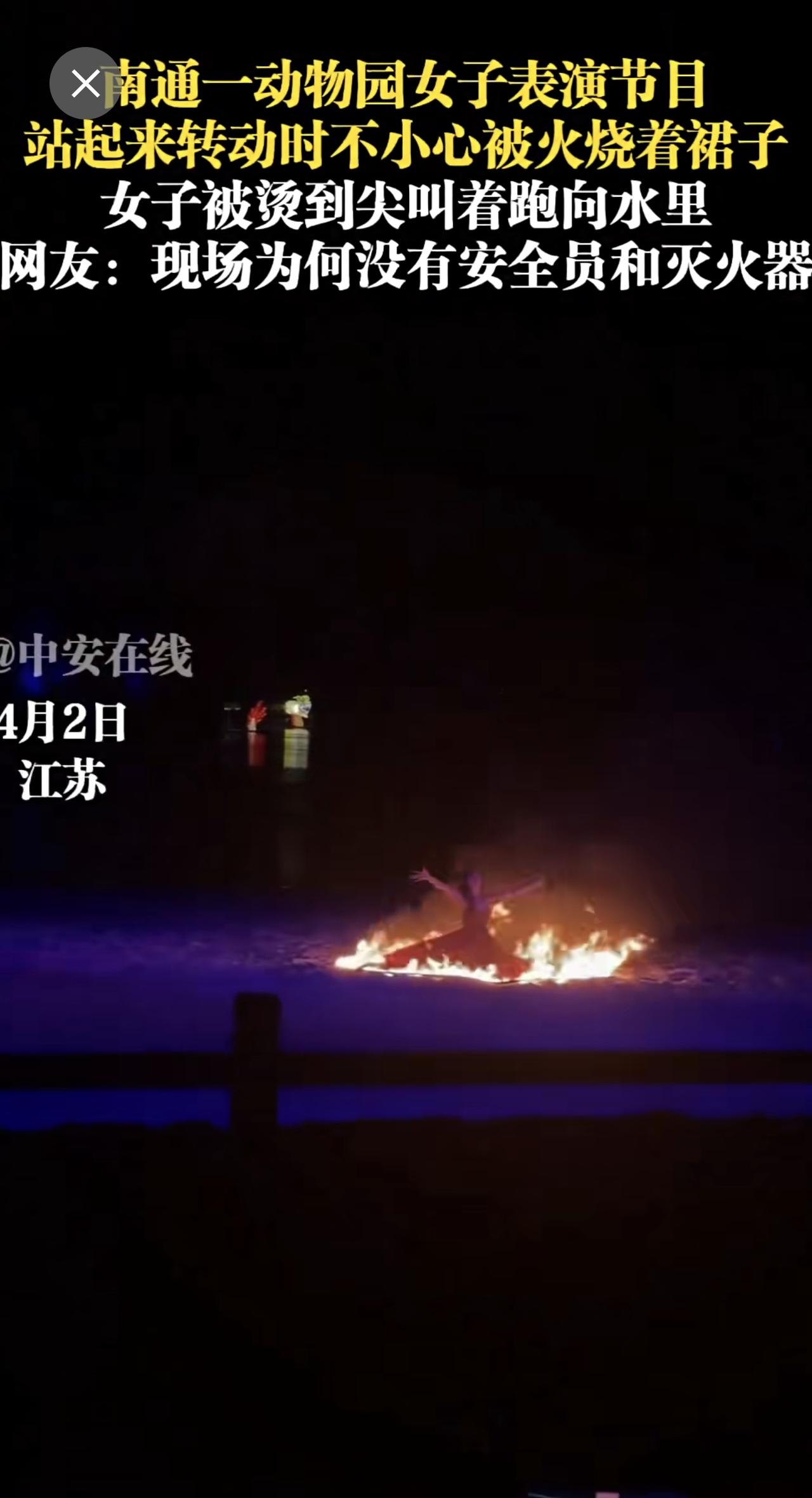 4月2日，江苏。南通一动物园女子表演节目，站起来转动时不小心被火烧着裙子，女子被