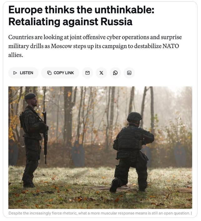 【欧洲正在考虑对俄罗斯进行报复性打击——Politico】该媒体报道称，欧盟正在