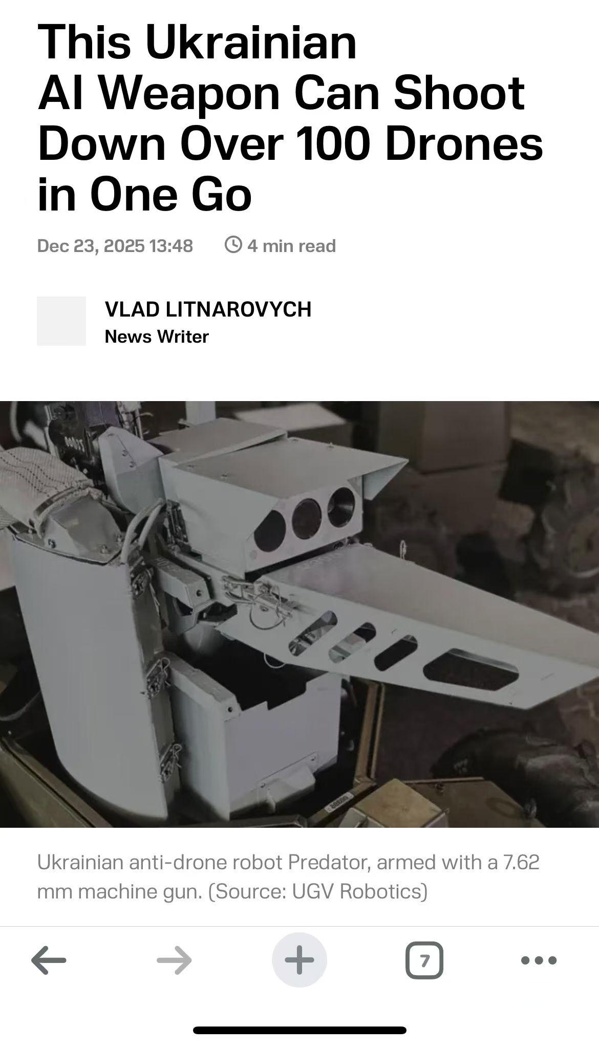 乌克兰研发的人工智能武器可以一次性击落100多架无人机。该武器由乌克兰UGV R