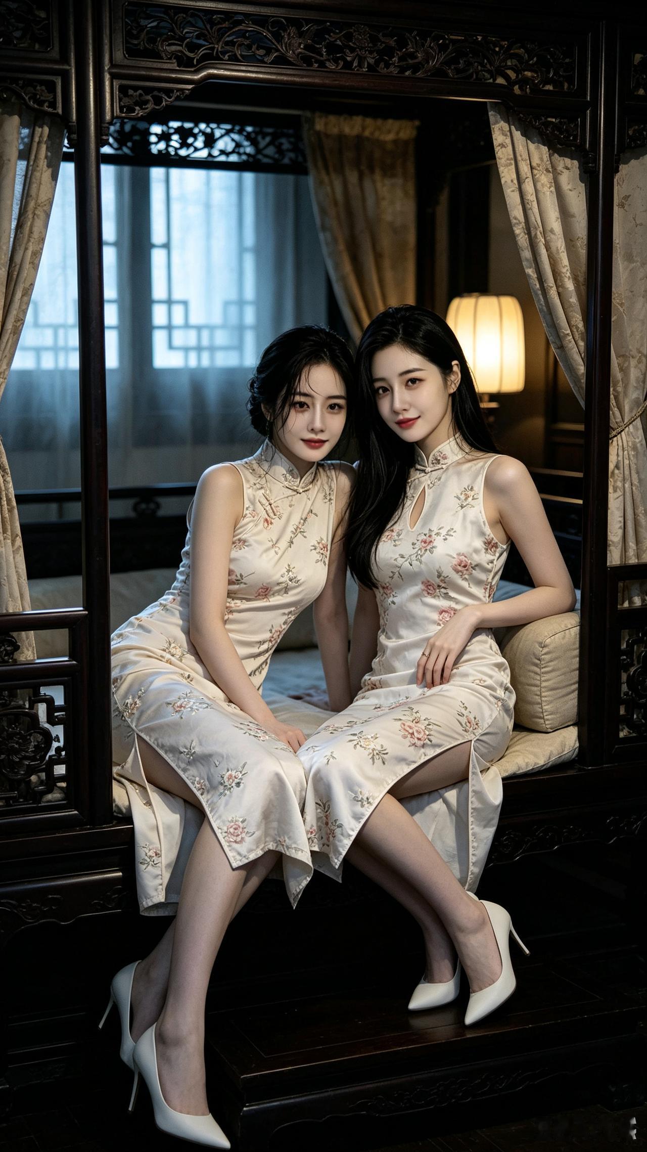 两位美女穿着旗袍坐在椅子上。