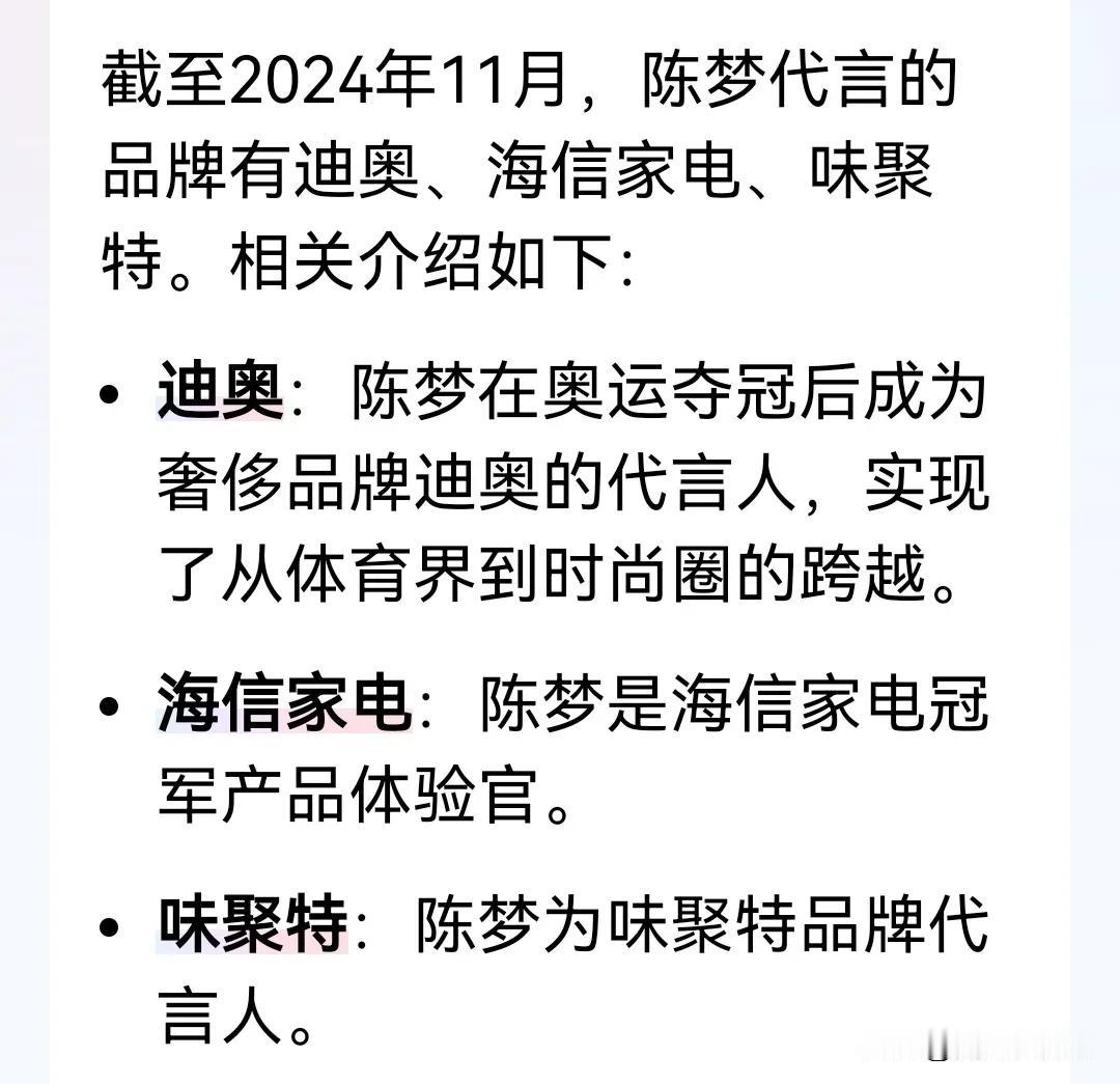 截止2024年11月，陈梦代言的品牌有迪奥、海信家电、味聚特等，代言费达600万