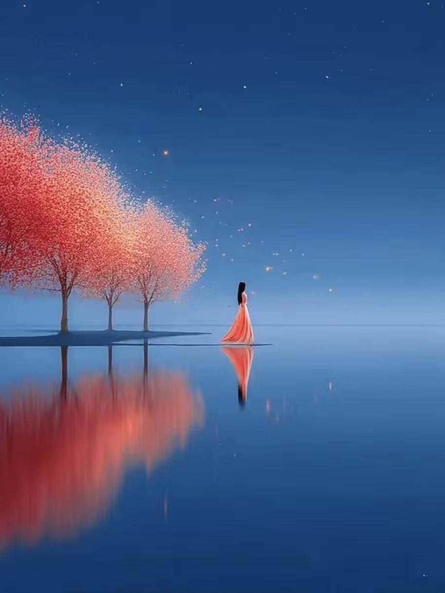 水仙子·情深
深蓝为梦作底色，
绯红是心燃烈火，
时光深处静静卧，
等风也等我。