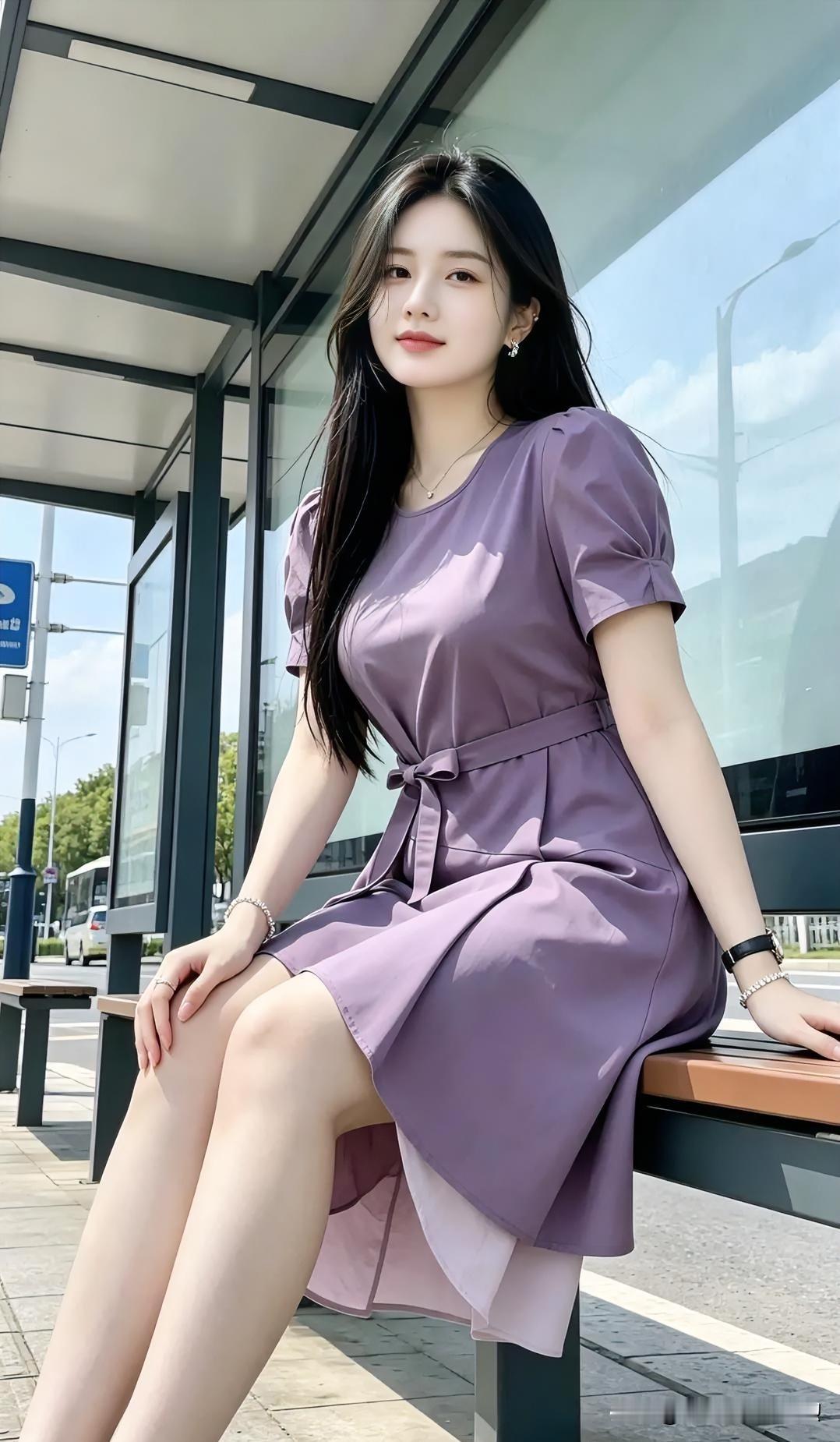 【紫裙吟】

紫裙轻系立站台，风动云闲影自开。

玉腕珠光凝夏日光，一笑倾城不费