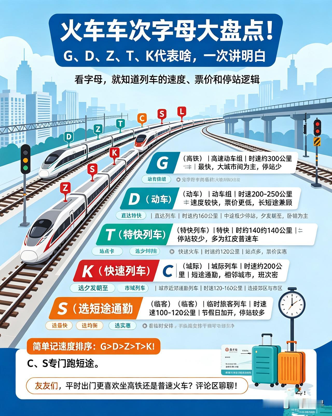很多人坐火车，一直搞不懂车票前面G、D