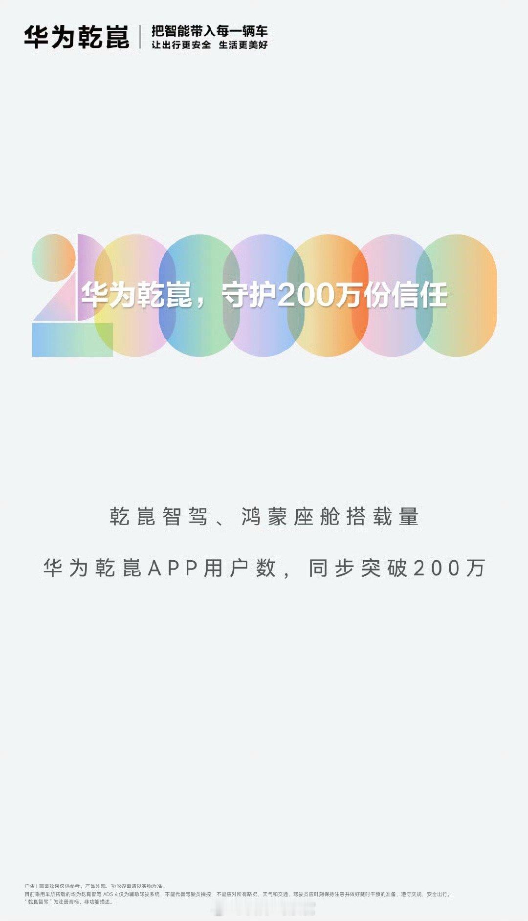 乾崑智驾搭载量、鸿蒙座舱搭载量、华为乾崑APP用户数200万里程碑达成。华为乾崑