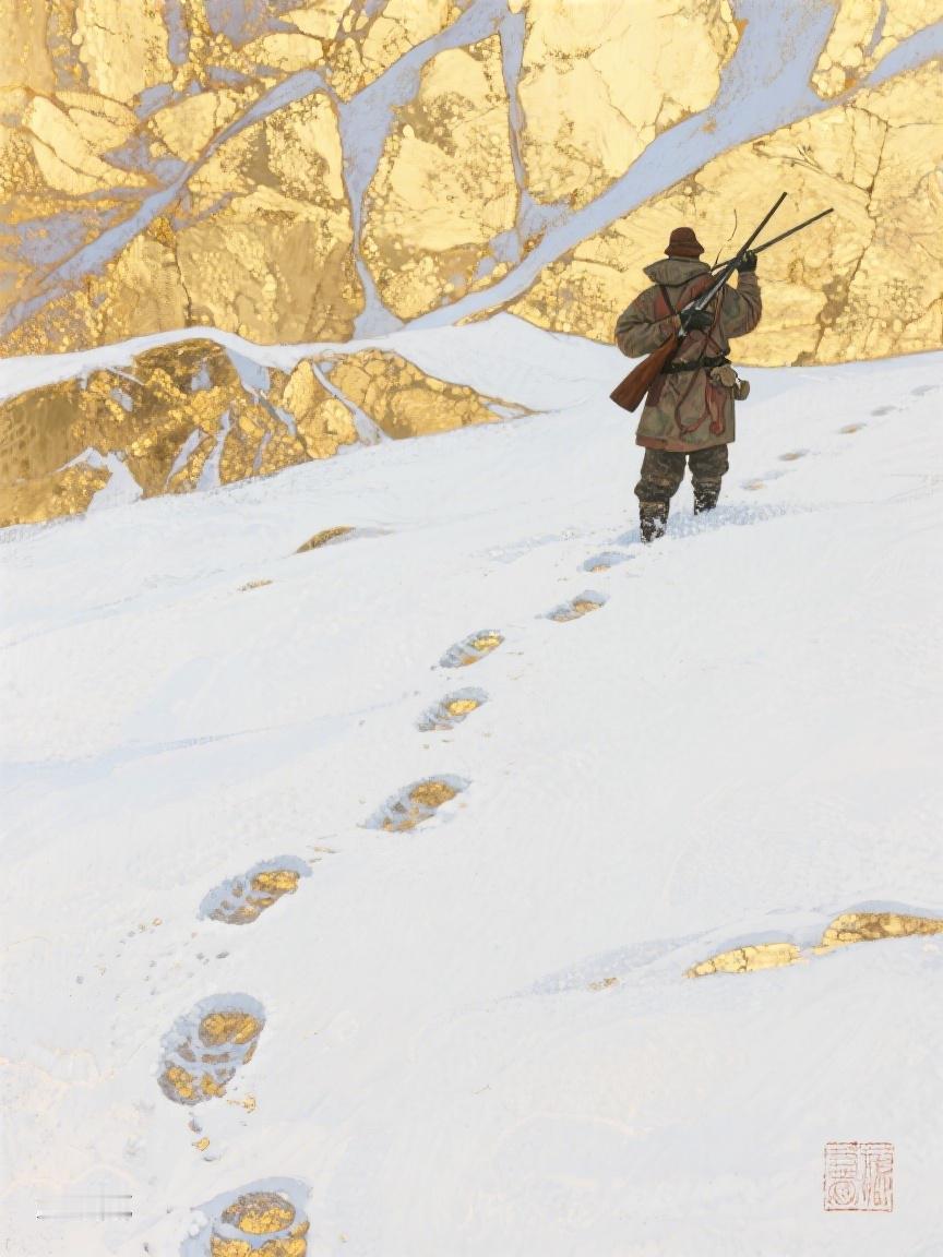 AI妙生图在雪与金的交融里，那一串脚印延伸向未知，每一步，都是向希望的奔赴✨