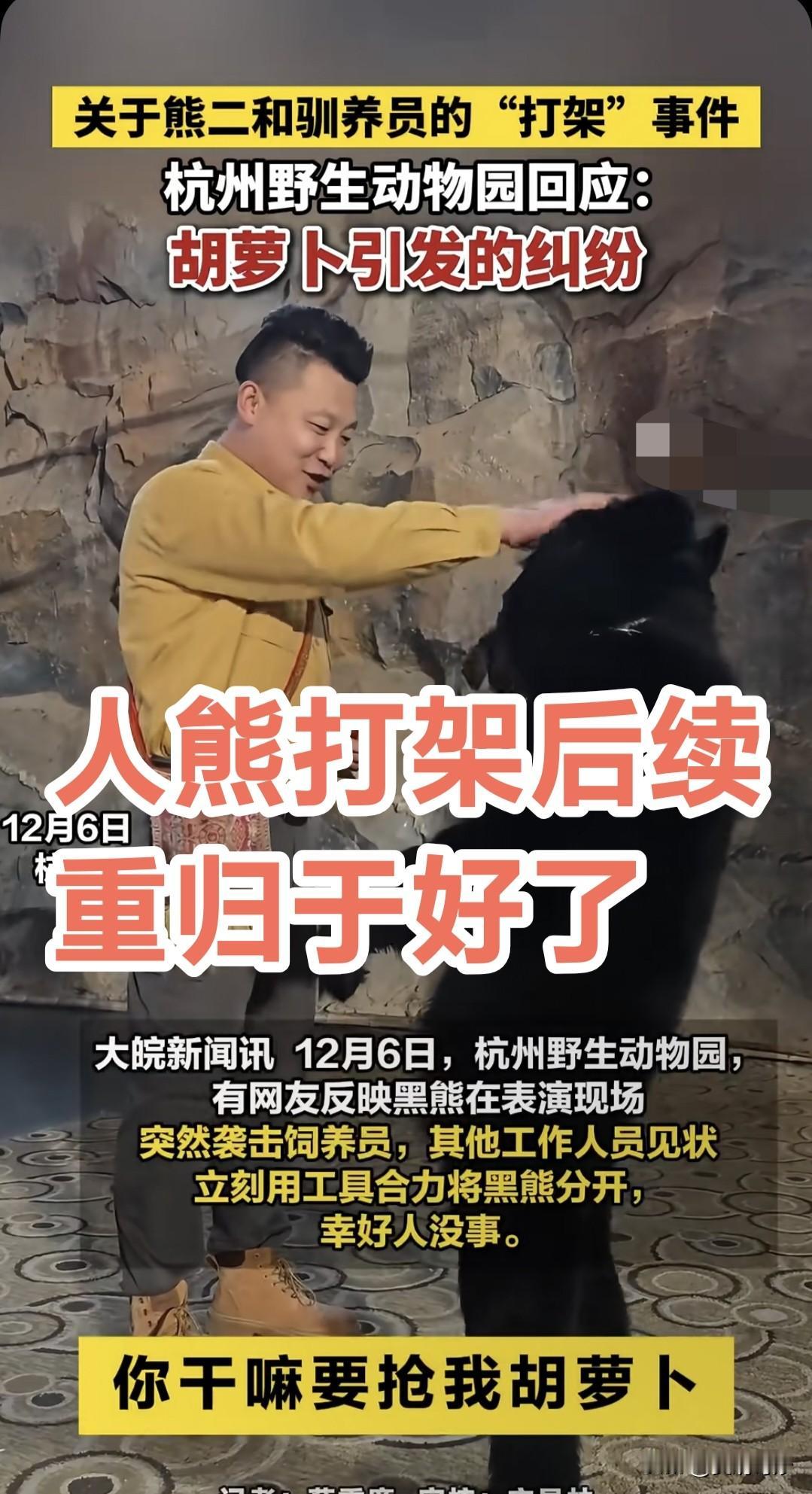 杭州动物园人熊大战后续，饲养员和黑熊重归于好！

昨天杭州动物园的人熊大战，惊心