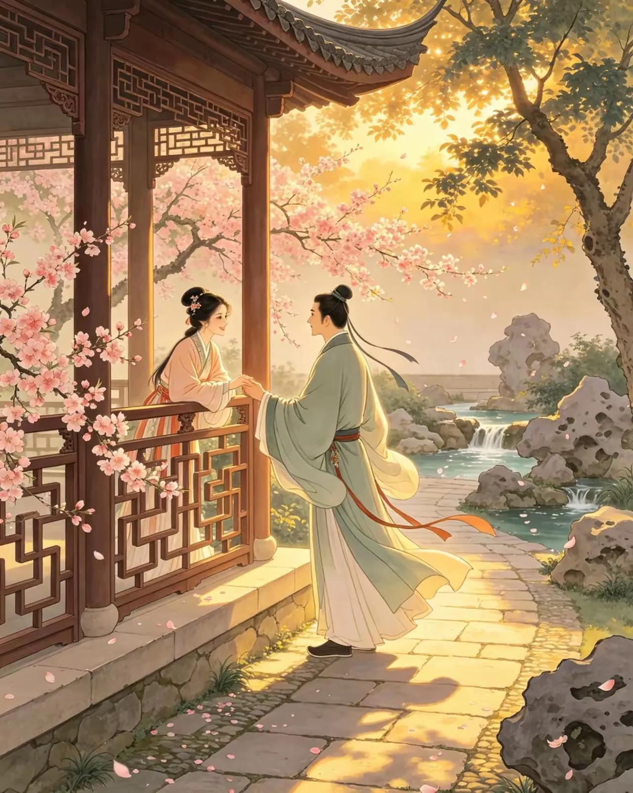 相逢一眼动心弦，
 暗把深情寄锦笺。
 不问尘间风雨事，
两情相悦尽开颜