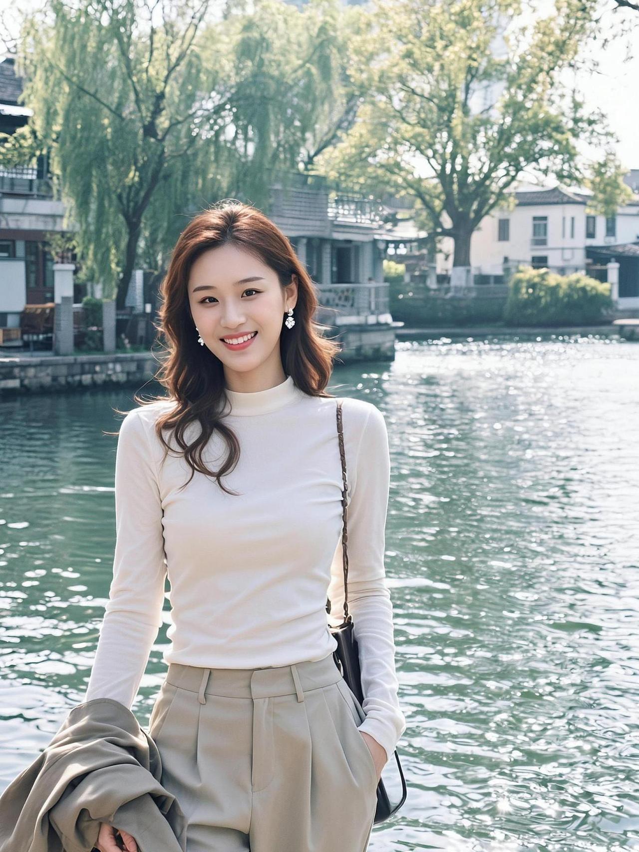 春日的暖阳洒在湖边，微风轻拂，水面泛起层层涟漪。一位姑娘站在桥上，身着简约的白色