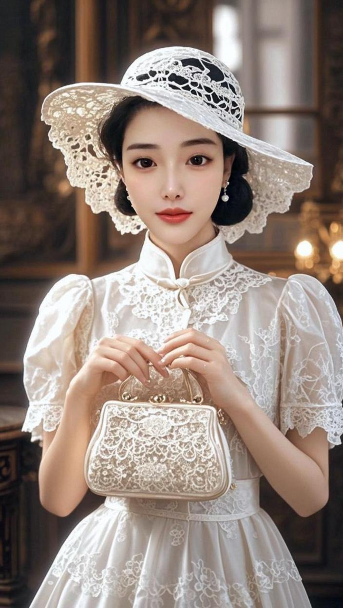 白蕾丝帽缀云纱，素手轻提绣锦匣。一曲滩歌柔似露，风华恰若沪上花。