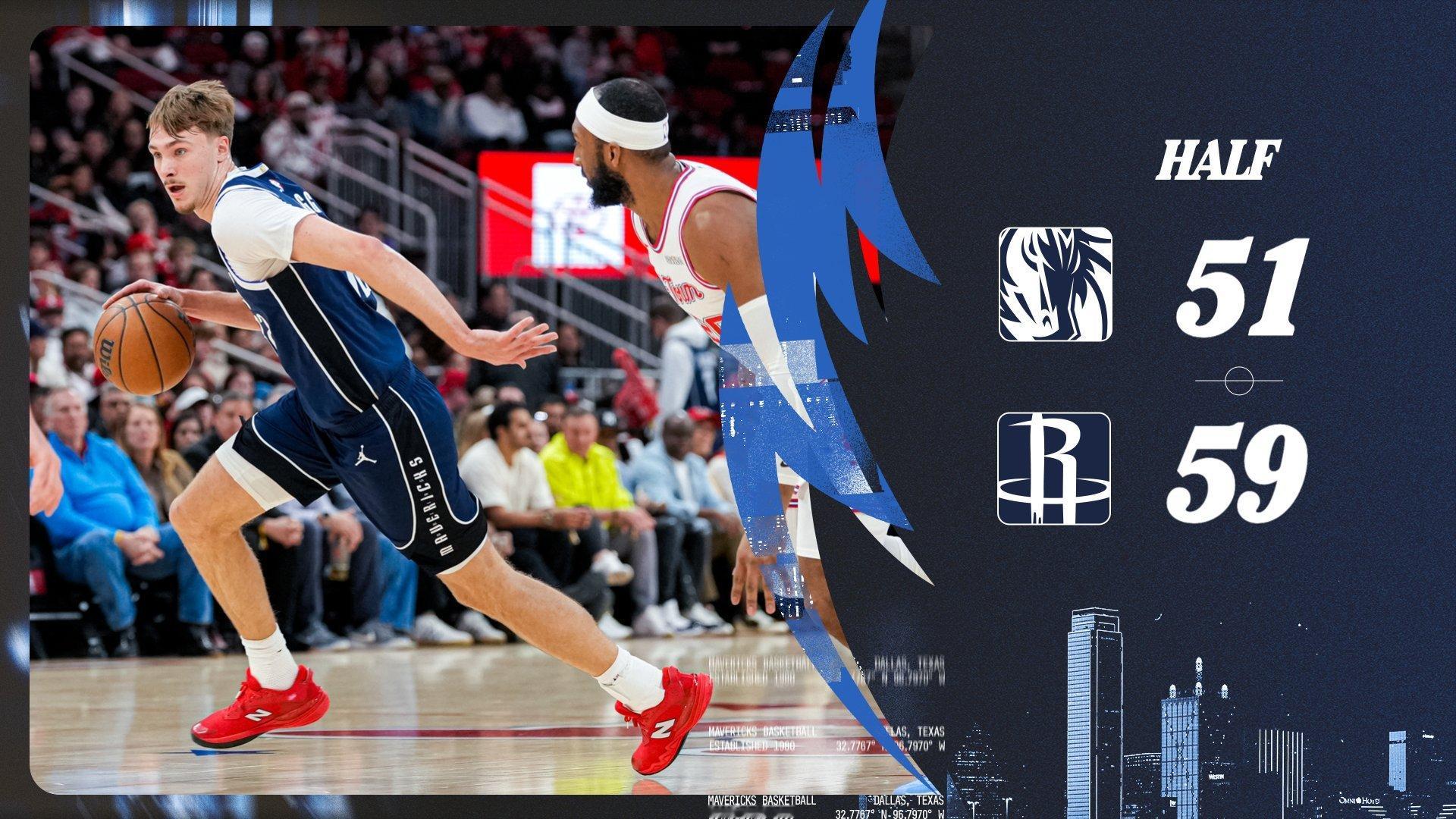 半场结束，独行侠 51-59 落后 8 分。NBA常规赛