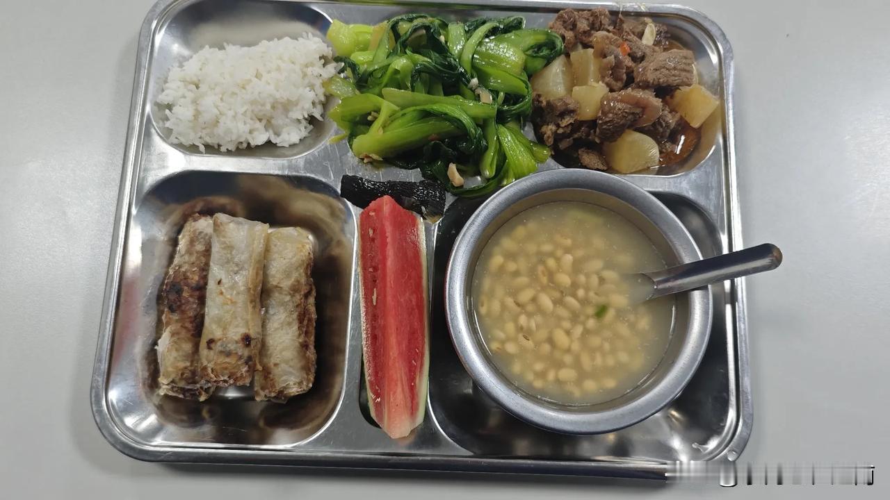 这就是越南厂子的伙食!
炒青菜一个，萝卜炖牛肉一个，越南春卷3个，西瓜一块，米饭